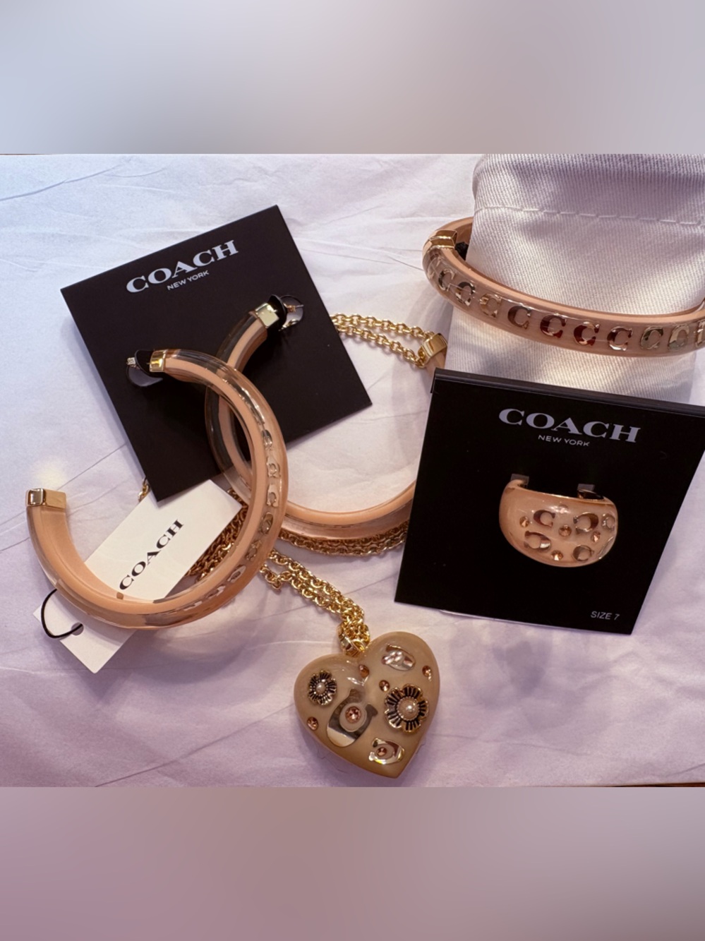 Coach Rose Gold Jewelry Set - Heart Pendant Necklace & Cuffs